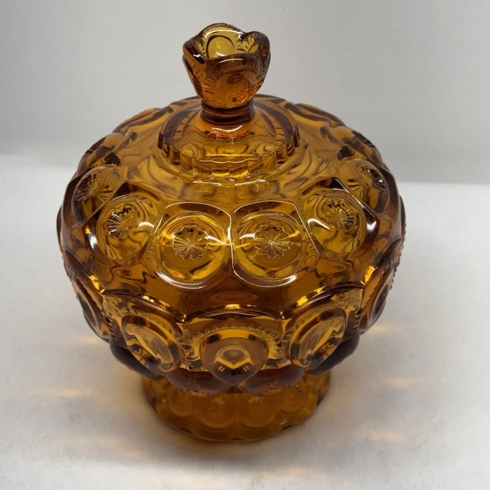 L.E. Smith Candy Dish Amber Vintage Moon and Star Glass Pedestal Lidded MCM Bowl